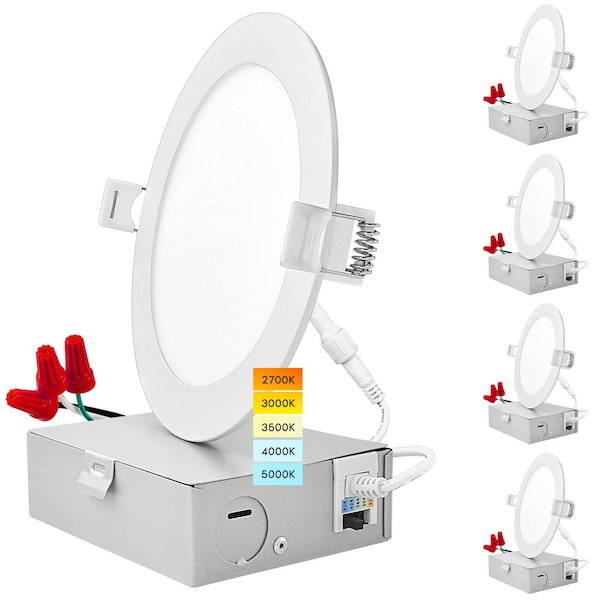 Luxrite 5 Inch Ultra Thin LED Recessed Downlights 5CCT 2700K-5000K 12W 1000LM Dimmable IC Rated, 4PK LR23749-4PK - main